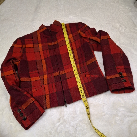 Vintage Carlisle Plaid Red Orange Cropped Long Sleeve Wool Jacket Women Size 2 - Picture 14 of 16